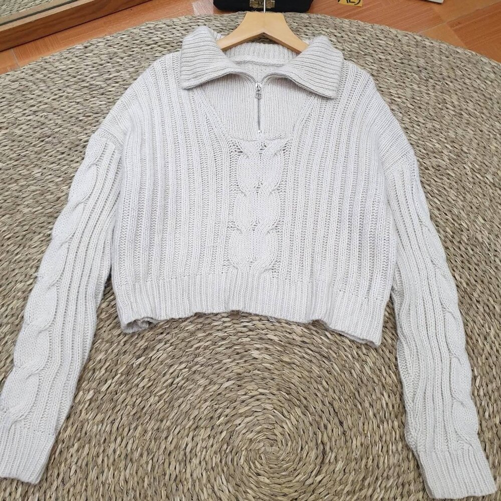 Cozy Cable Knit Cropped Sweater Half Zip Cream